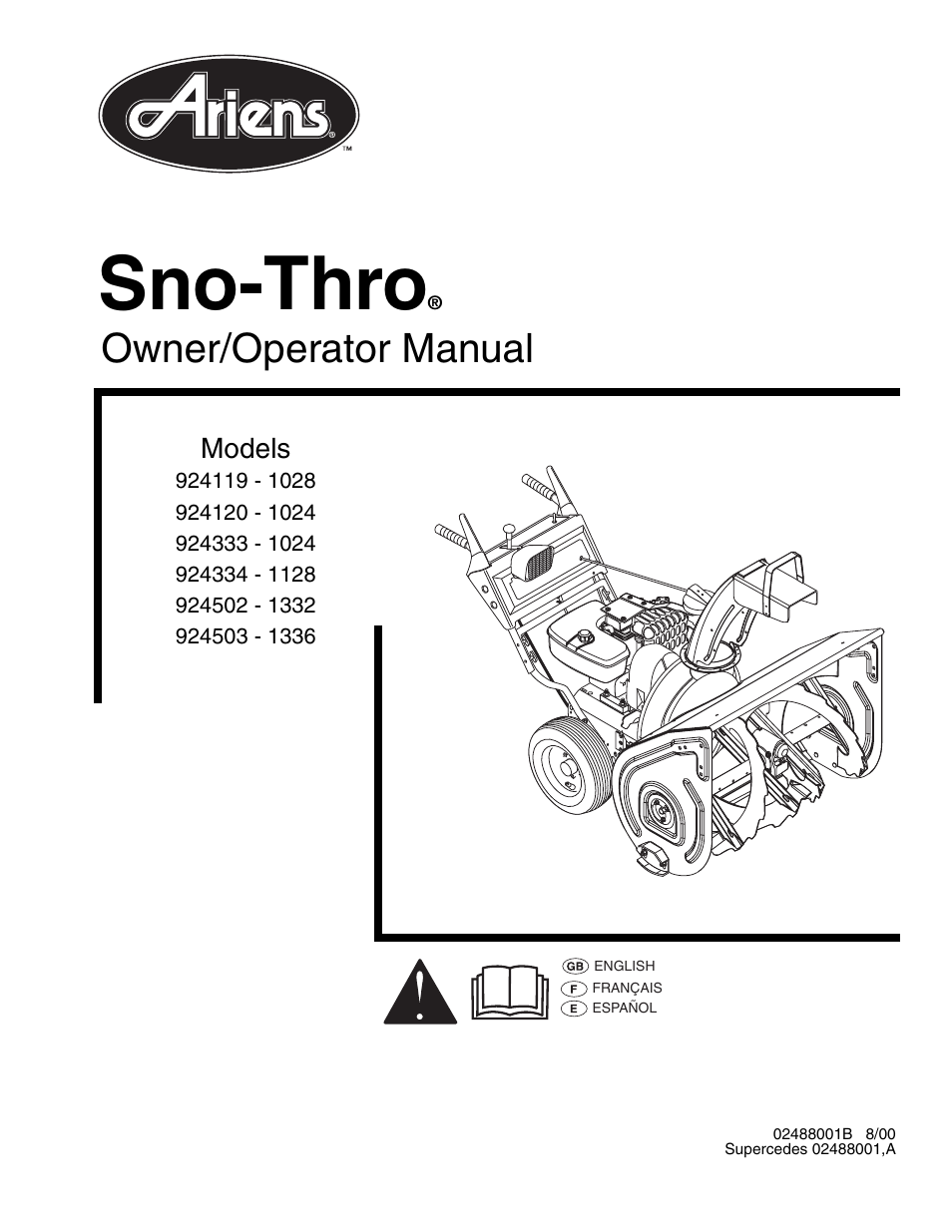 Ariens SNO-THRO 924333 - 1024 User Manual | 25 pages