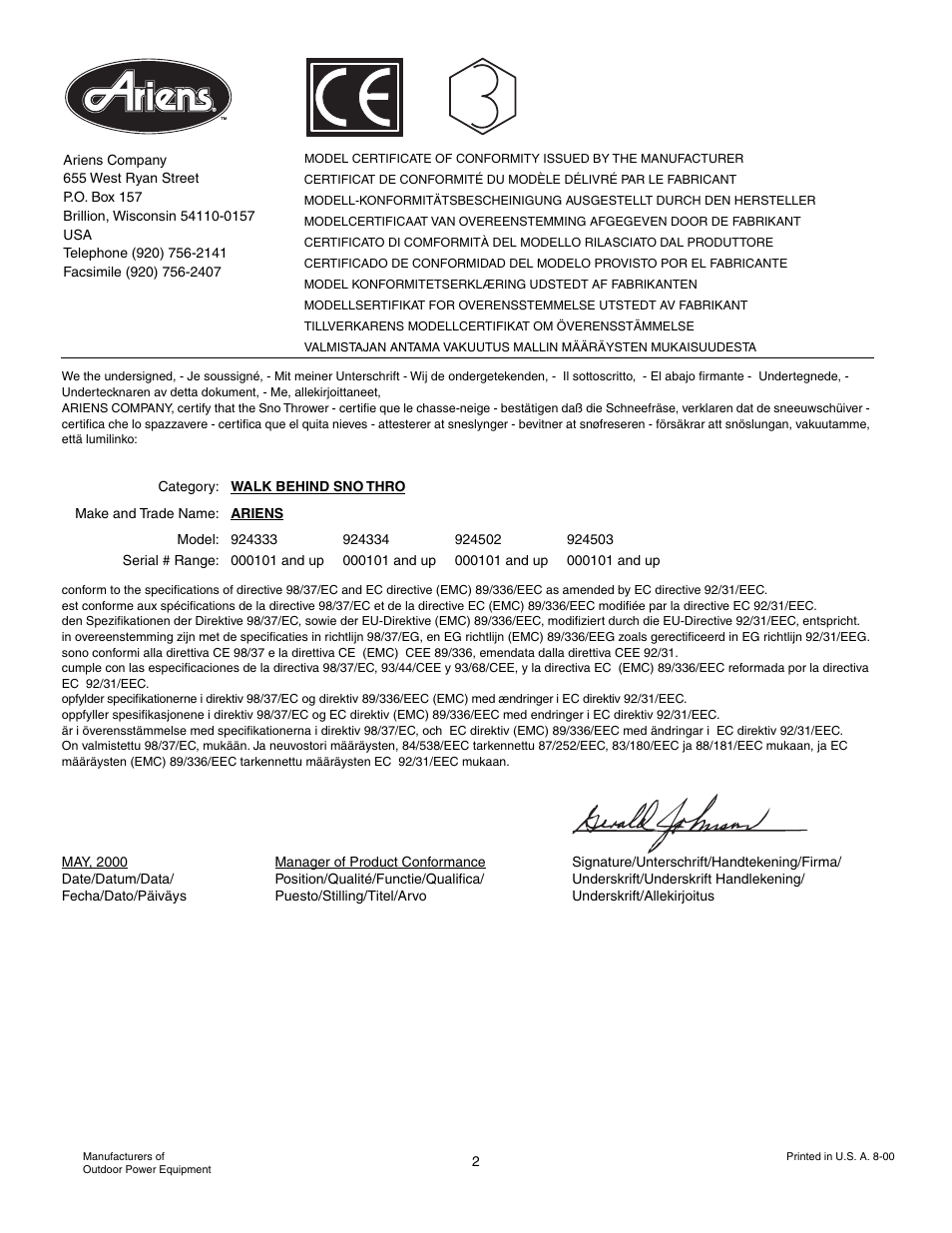 Ariens SNO-THRO 924333 - 1024 User Manual | Page 2 / 25