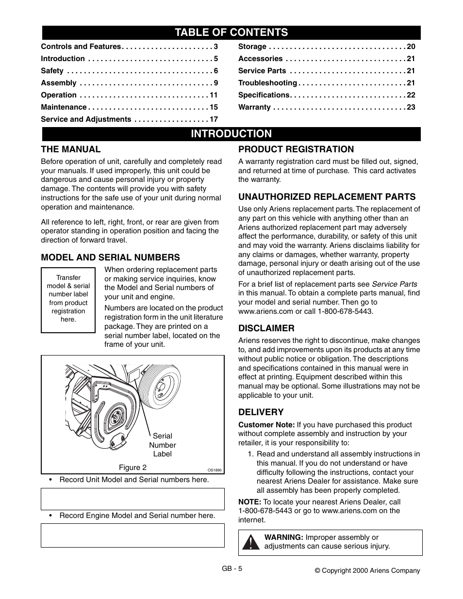 Table of contents introduction | Ariens SNO-THRO 924333 - 1024 User Manual | Page 5 / 25