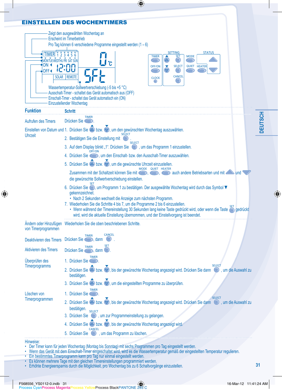 Deutsch, Funktion, Einstellen des wochentimers | Panasonic WHUD07CE5A1 User Manual | Page 31 / 76