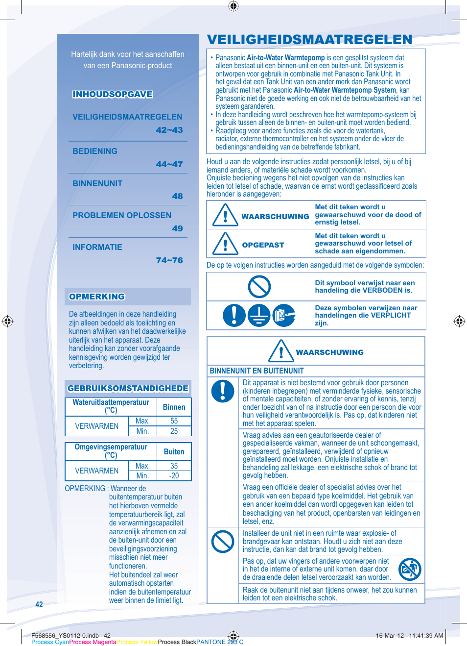 Veiligheidsmaatregelen | Panasonic WHUD07CE5A1 User Manual | Page 42 / 76