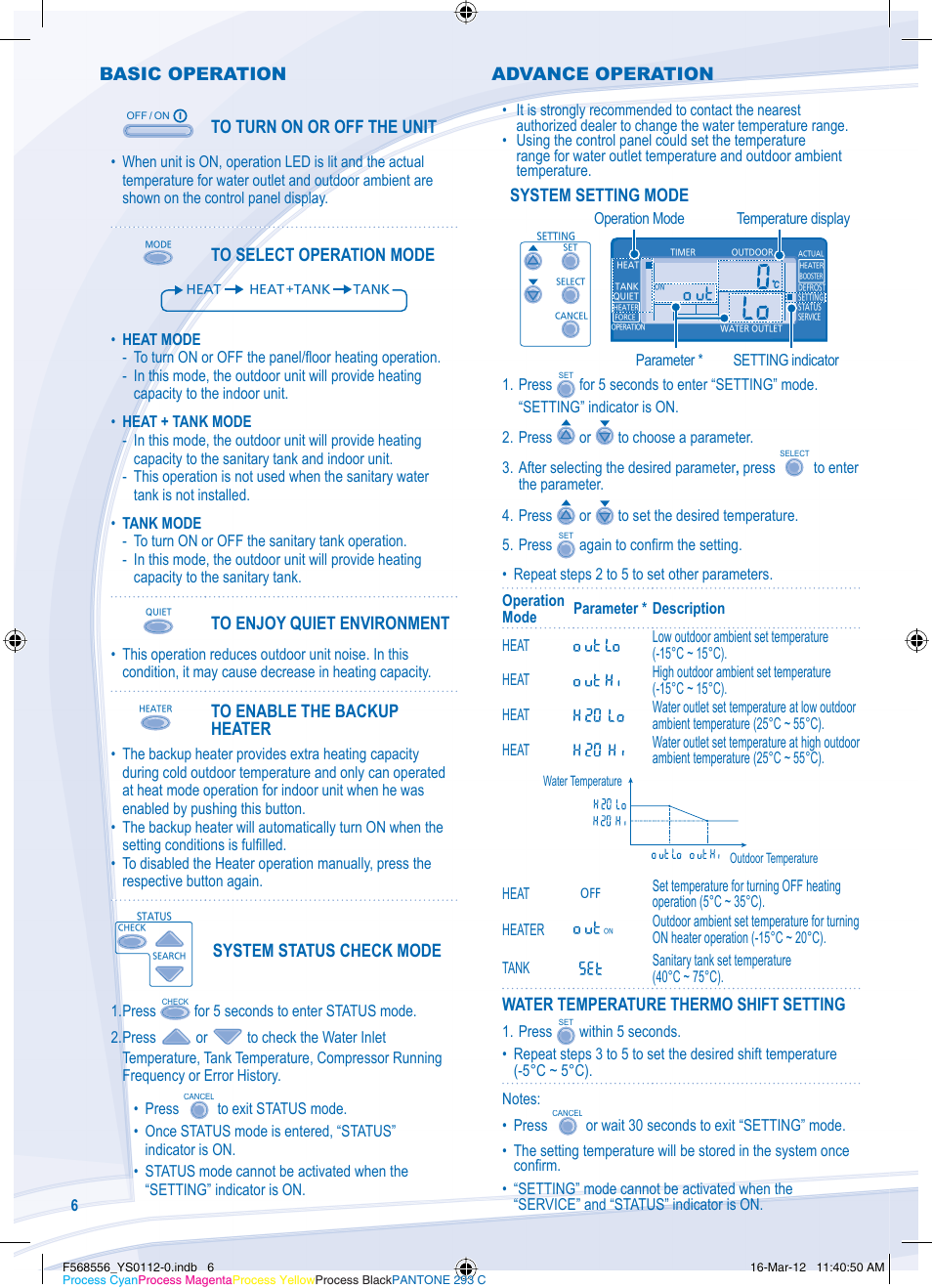 Basic operation, System status check mode, System setting mode | Water temperature thermo shift setting, Advance operation | Panasonic WHUD07CE5A1 User Manual | Page 6 / 76