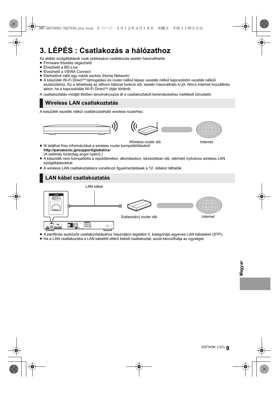 Lépés : csatlakozás a hálózathoz, Wireless lan csatlakoztatás, Lan kábel csatlakoztatás | Panasonic DMPBDT500EG User Manual | Page 121 / 156