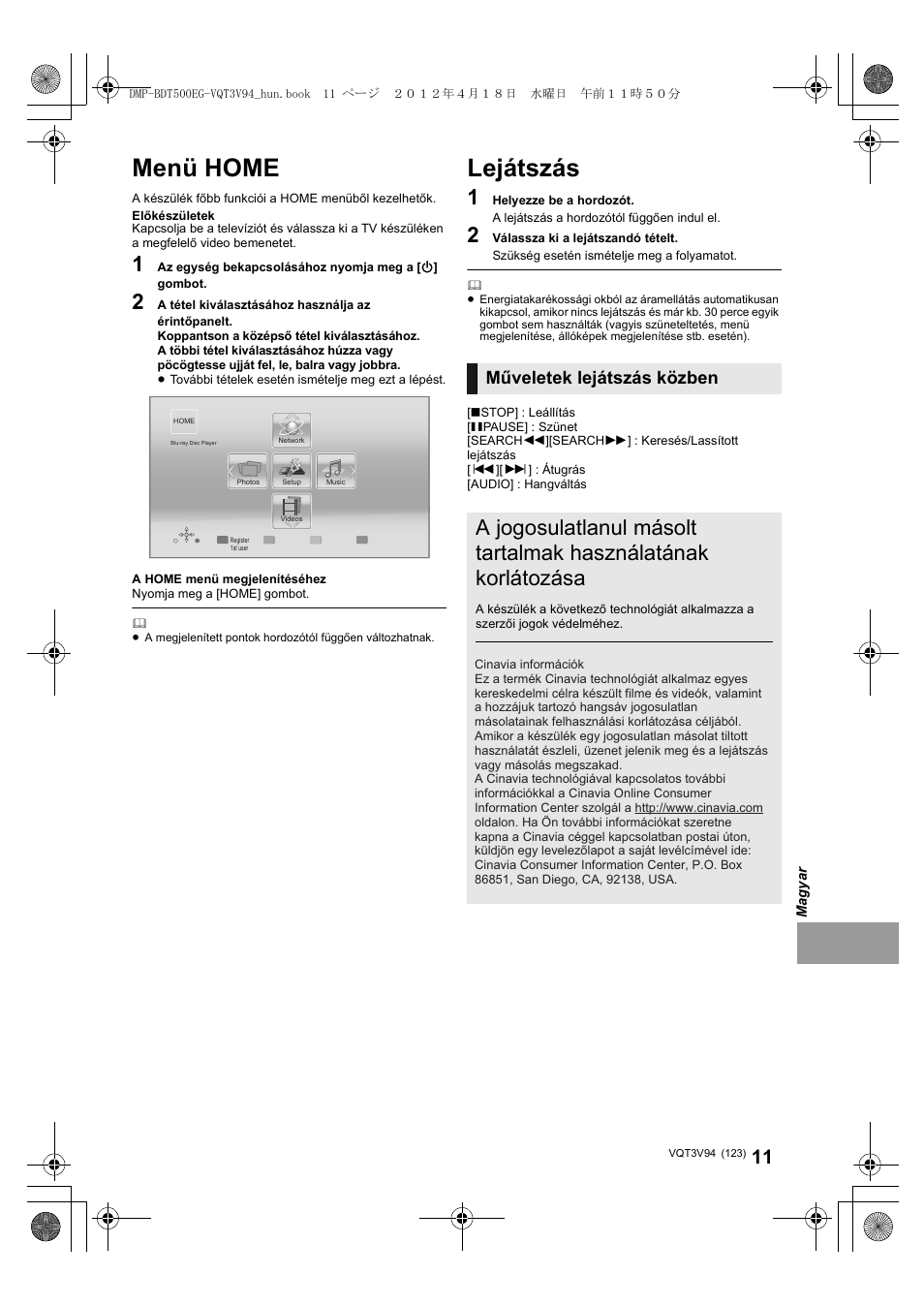 Menü home, Lejátszás, Műveletek lejátszás közben | Panasonic DMPBDT500EG User Manual | Page 123 / 156