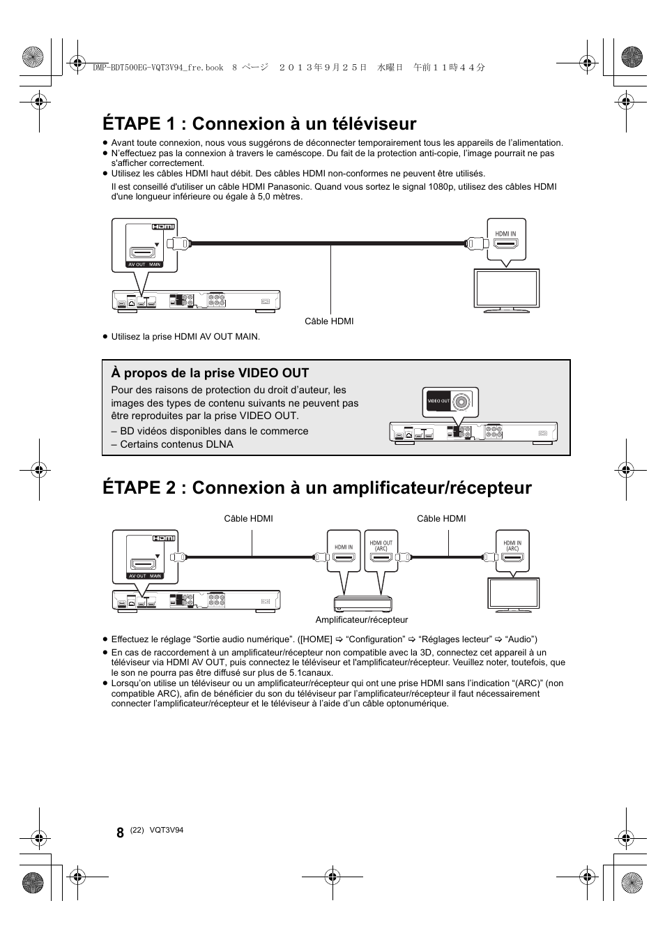 Étape 1 : connexion à un téléviseur, Étape 2 : connexion à un amplificateur/récepteur, À propos de la prise video out | Panasonic DMPBDT500EG User Manual | Page 22 / 156