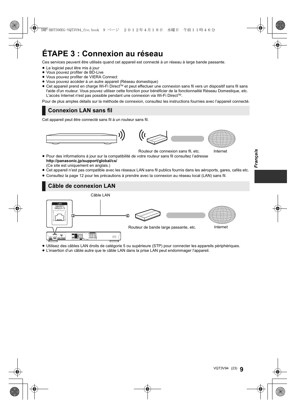 Étape 3 : connexion au réseau, Connexion lan sans fil, Câble de connexion lan | Panasonic DMPBDT500EG User Manual | Page 23 / 156