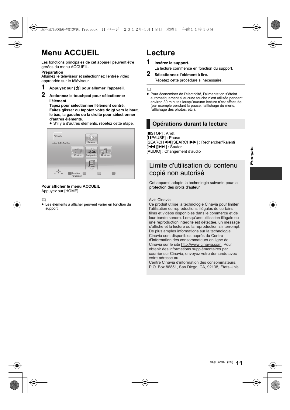 Menu accueil, Lecture, Limite d'utilisation du contenu copié non autorisé | Opérations durant la lecture | Panasonic DMPBDT500EG User Manual | Page 25 / 156