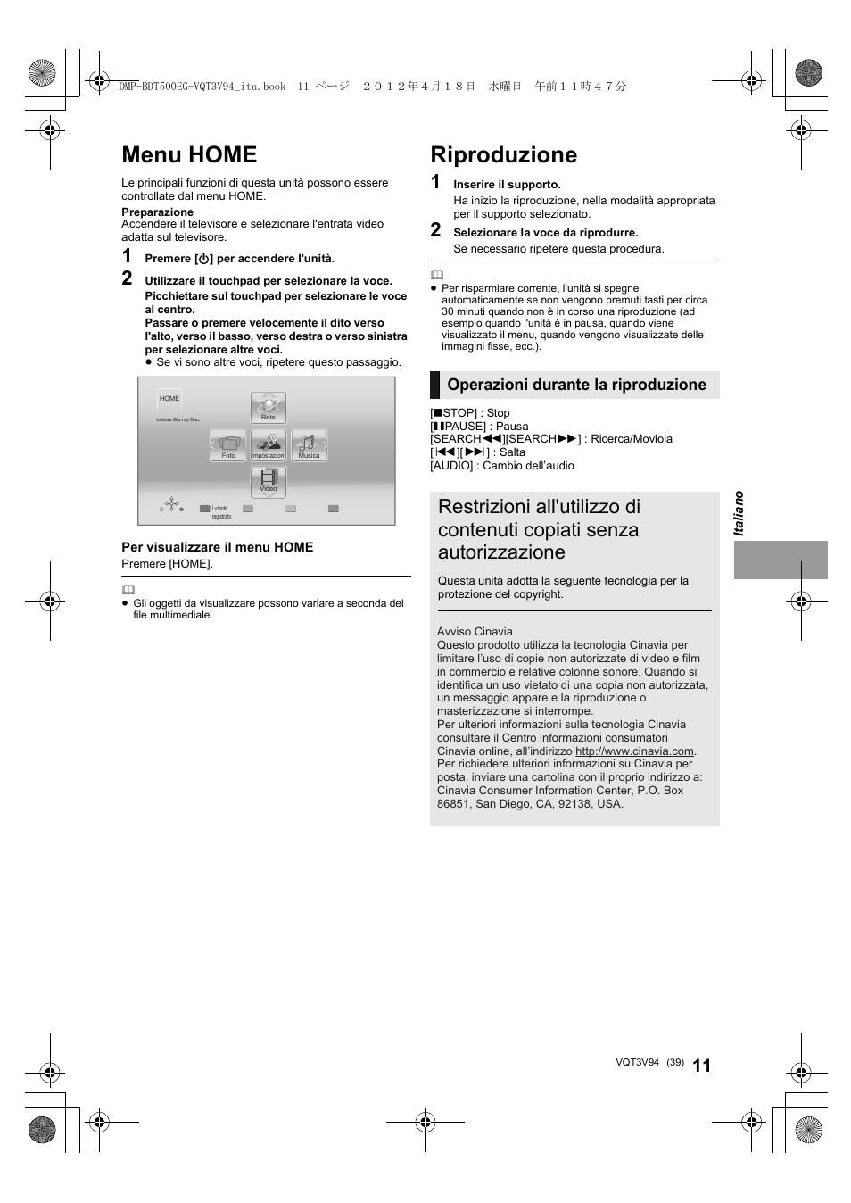 Menu home, Riproduzione, Operazioni durante la riproduzione | Panasonic DMPBDT500EG User Manual | Page 39 / 156