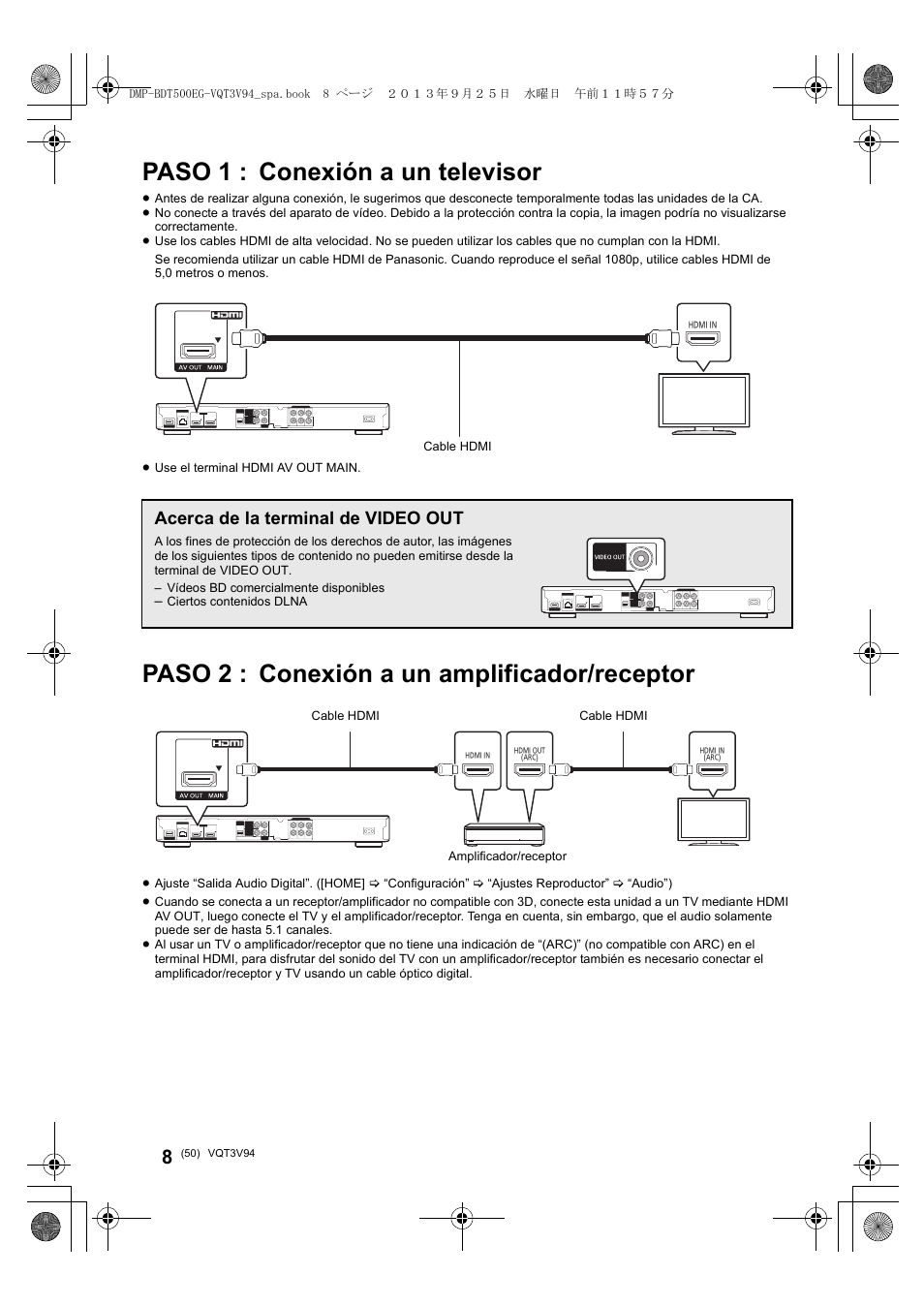 Paso 1 : conexión a un televisor, Paso 2 : conexión a un amplificador/receptor, Acerca de la terminal de video out | Panasonic DMPBDT500EG User Manual | Page 50 / 156