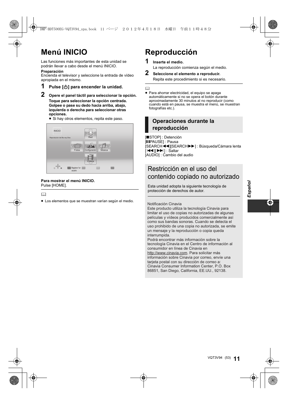 Menú inicio, Reproducción, Operaciones durante la reproducción | Panasonic DMPBDT500EG User Manual | Page 53 / 156