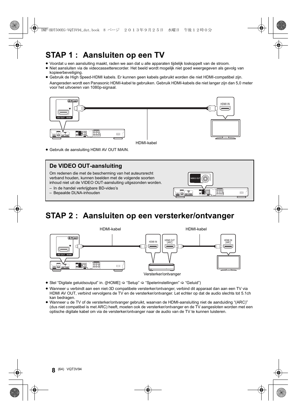 Stap 1 : aansluiten op een tv, Stap 2 : aansluiten op een versterker/ontvanger, De video out-aansluiting | Panasonic DMPBDT500EG User Manual | Page 64 / 156