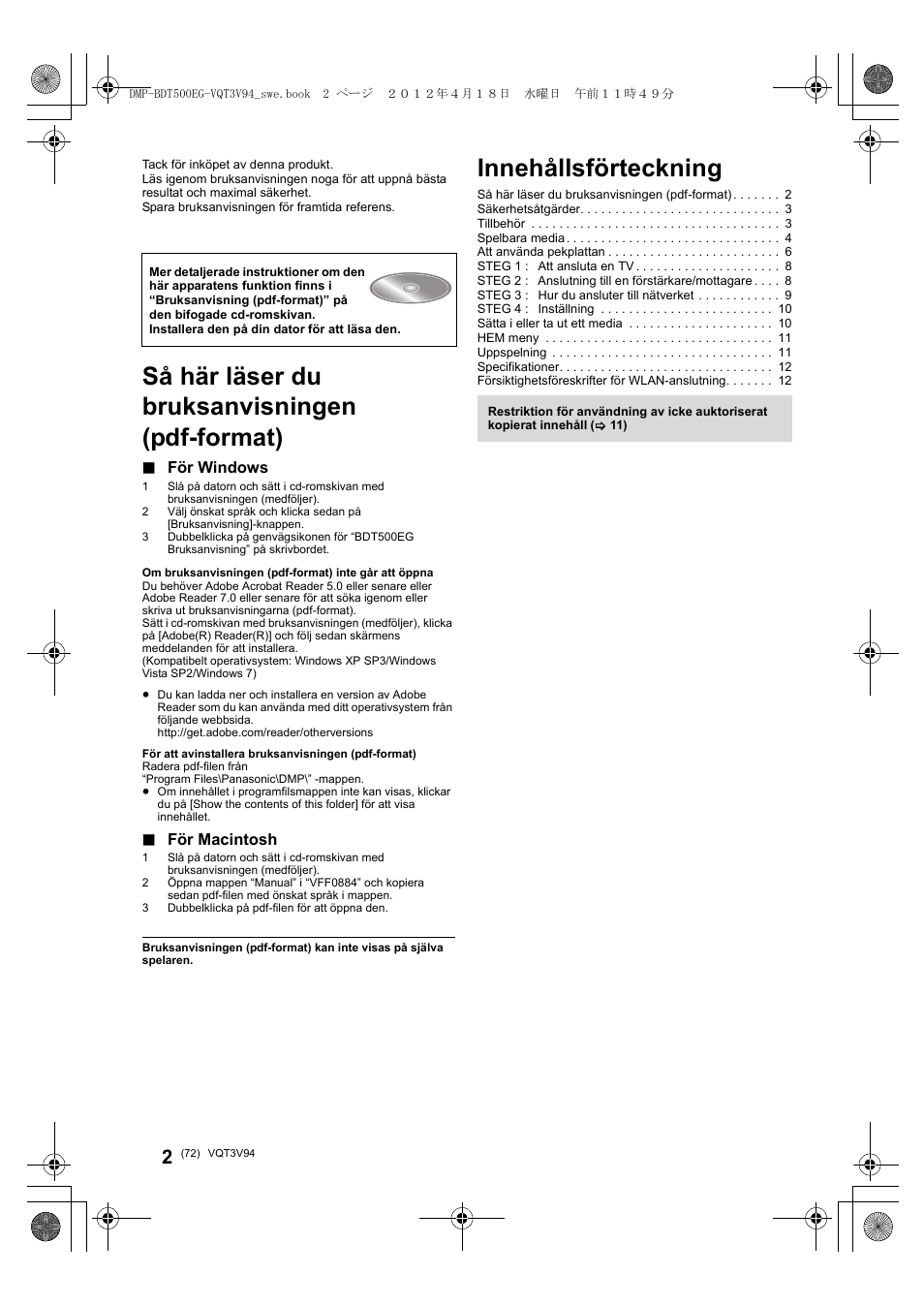 Innehållsförteckning, Så här läser du bruksanvisningen (pdf-format), För windows | För macintosh | Panasonic DMPBDT500EG User Manual | Page 72 / 156