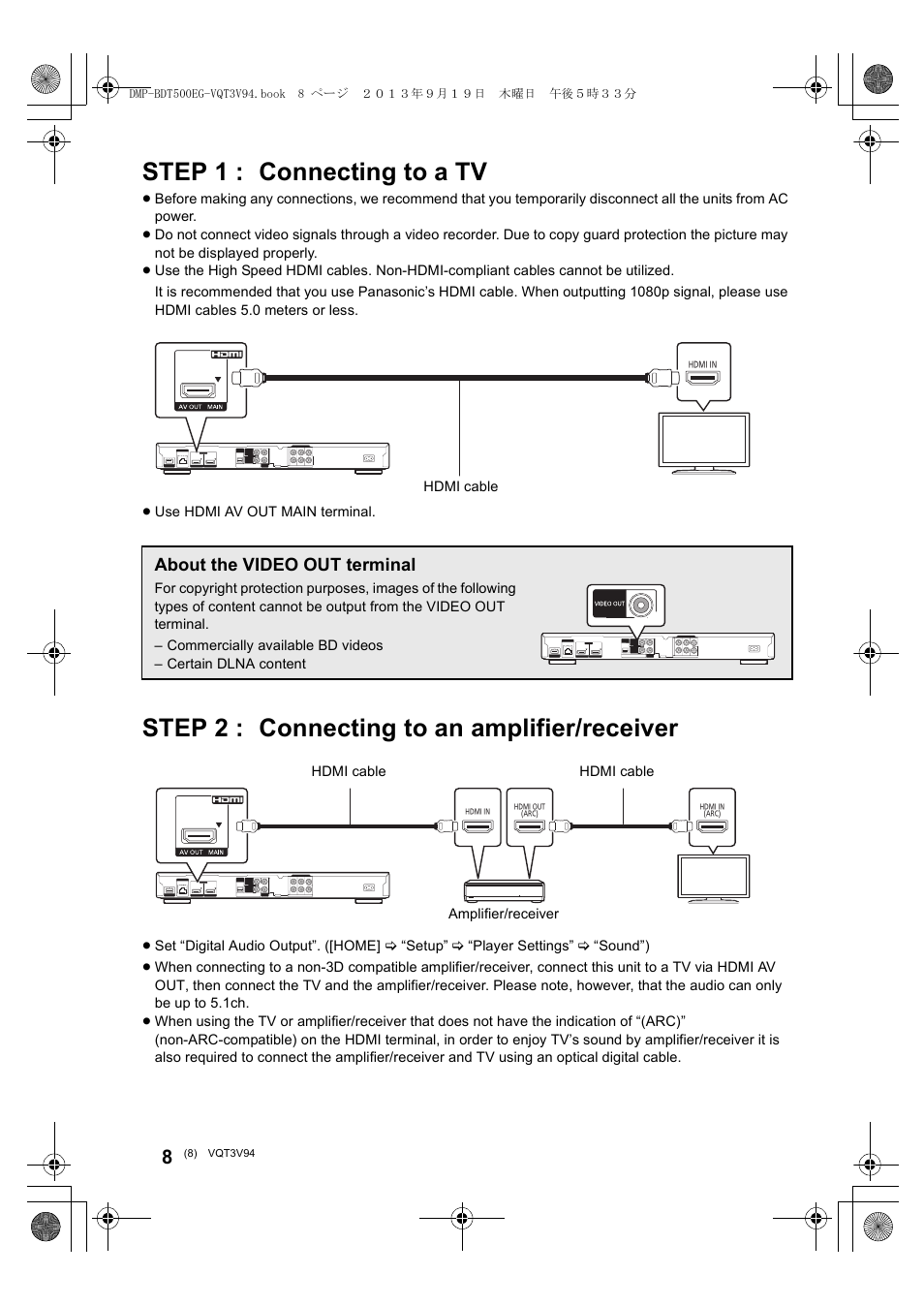 Step 1 : connecting to a tv, Step 2 : connecting to an amplifier/receiver, About the video out terminal | Panasonic DMPBDT500EG User Manual | Page 8 / 156