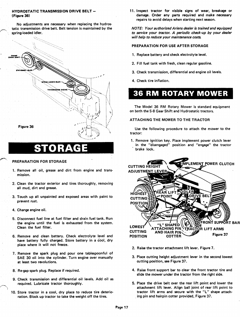 Storage, 36 rm rotary mower | Ariens 929001 User Manual | Page 17 / 43