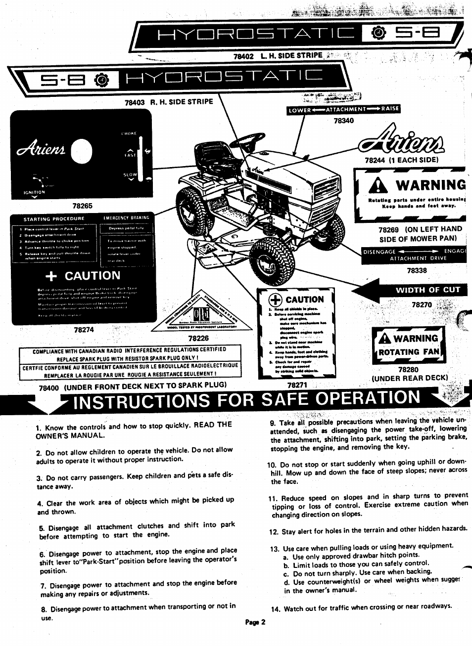 Instructions for safe operation | Ariens 929001 User Manual | Page 2 / 43