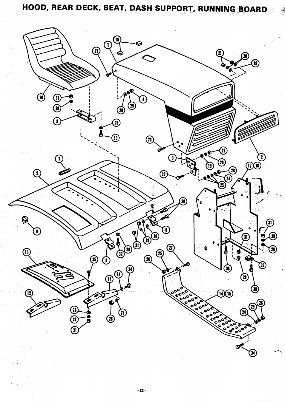 Hood. rear deck, seat. dash support, running board | Ariens 929001 User Manual | Page 22 / 43