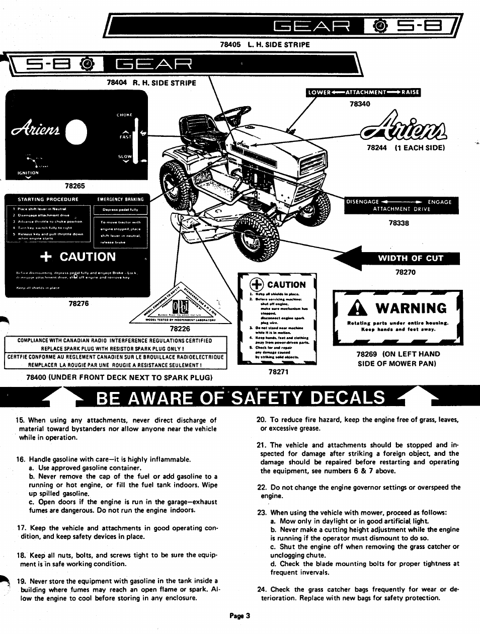 Be aware of safety decals, Caution | Ariens 929001 User Manual | Page 3 / 43
