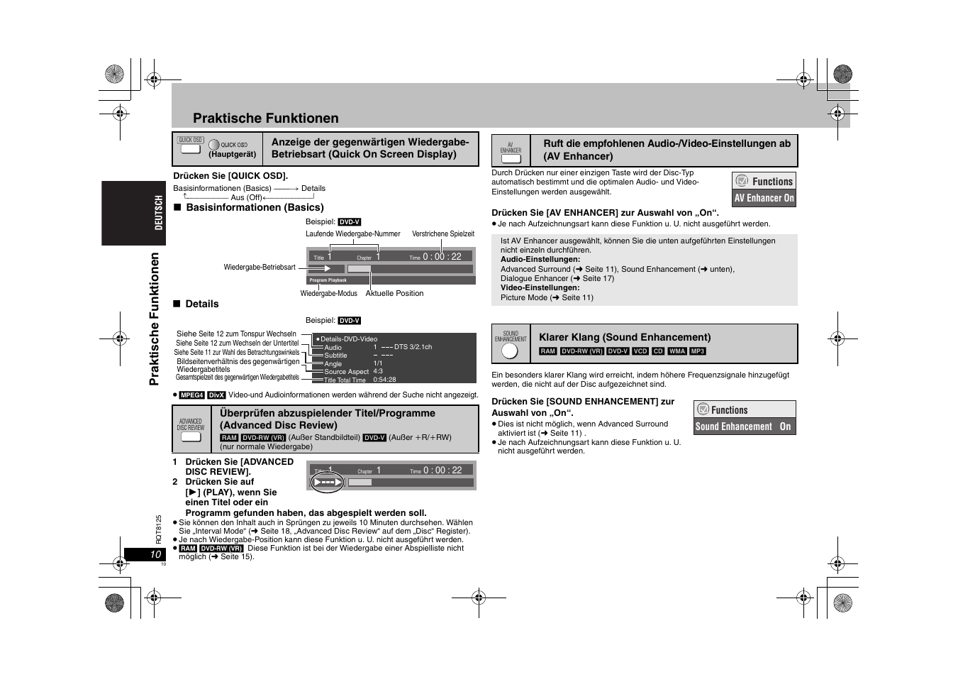 Praktische funktionen, Prakt isc he funkt ione n | Panasonic DVDS295 User Manual | Page 10 / 68