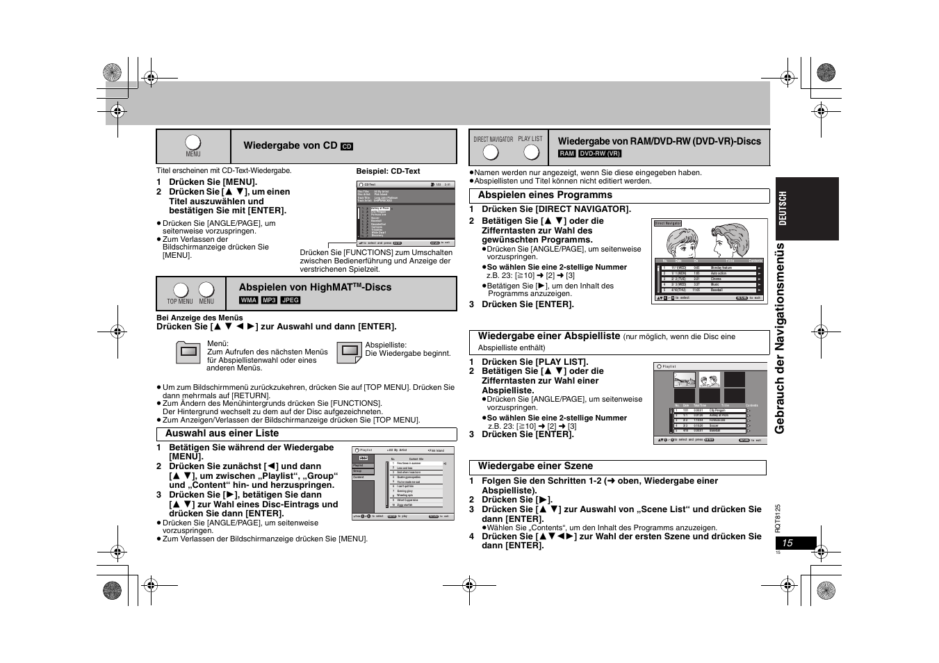 Wiedergabe von cd, Abspielen von highmat, Discs | Auswahl aus einer liste, Wiedergabe von ram/dvd-rw (dvd-vr)-discs, Wiedergabe einer szene | Panasonic DVDS295 User Manual | Page 15 / 68