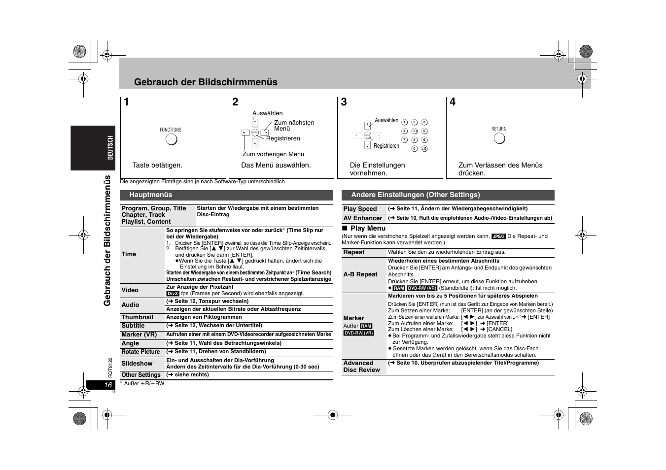 Gebrauch der bildschirmmenüs | Panasonic DVDS295 User Manual | Page 16 / 68