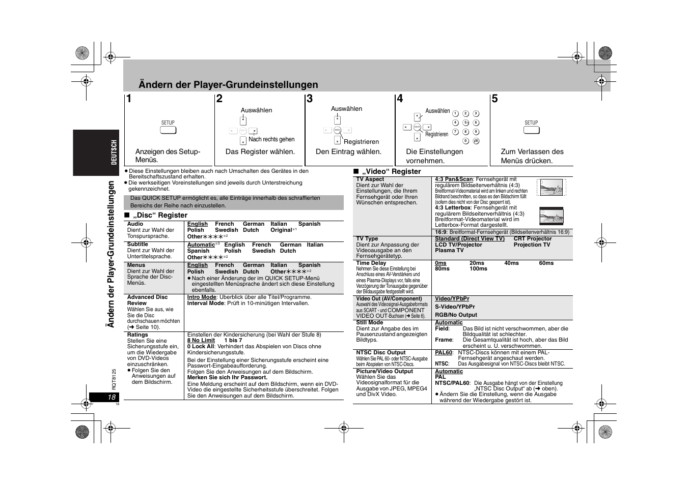 Ändern der player-grundeinstellungen | Panasonic DVDS295 User Manual | Page 18 / 68