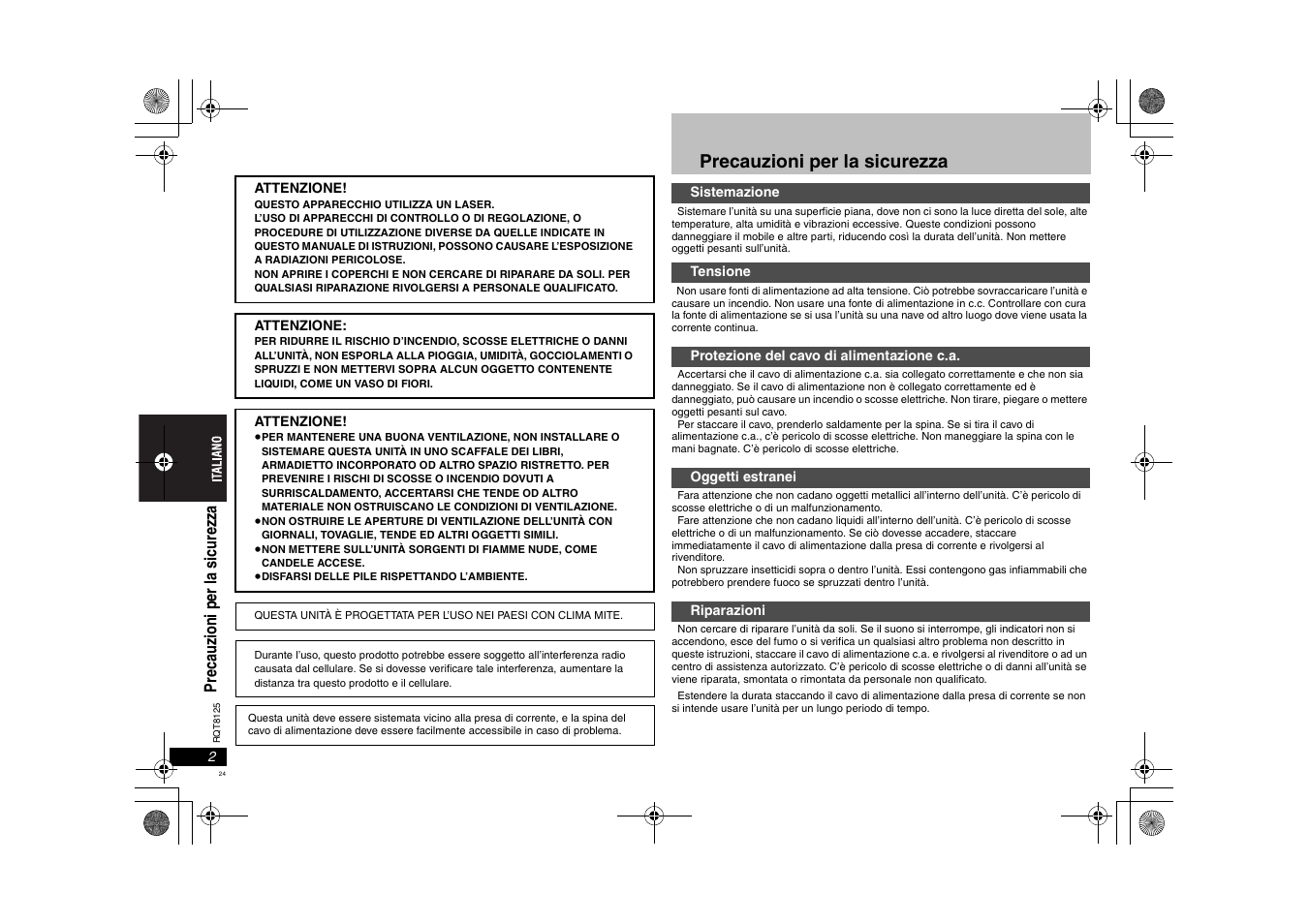 Precauzioni per la sicurezza, Preca uz io ni per l a sic u rez za | Panasonic DVDS295 User Manual | Page 24 / 68