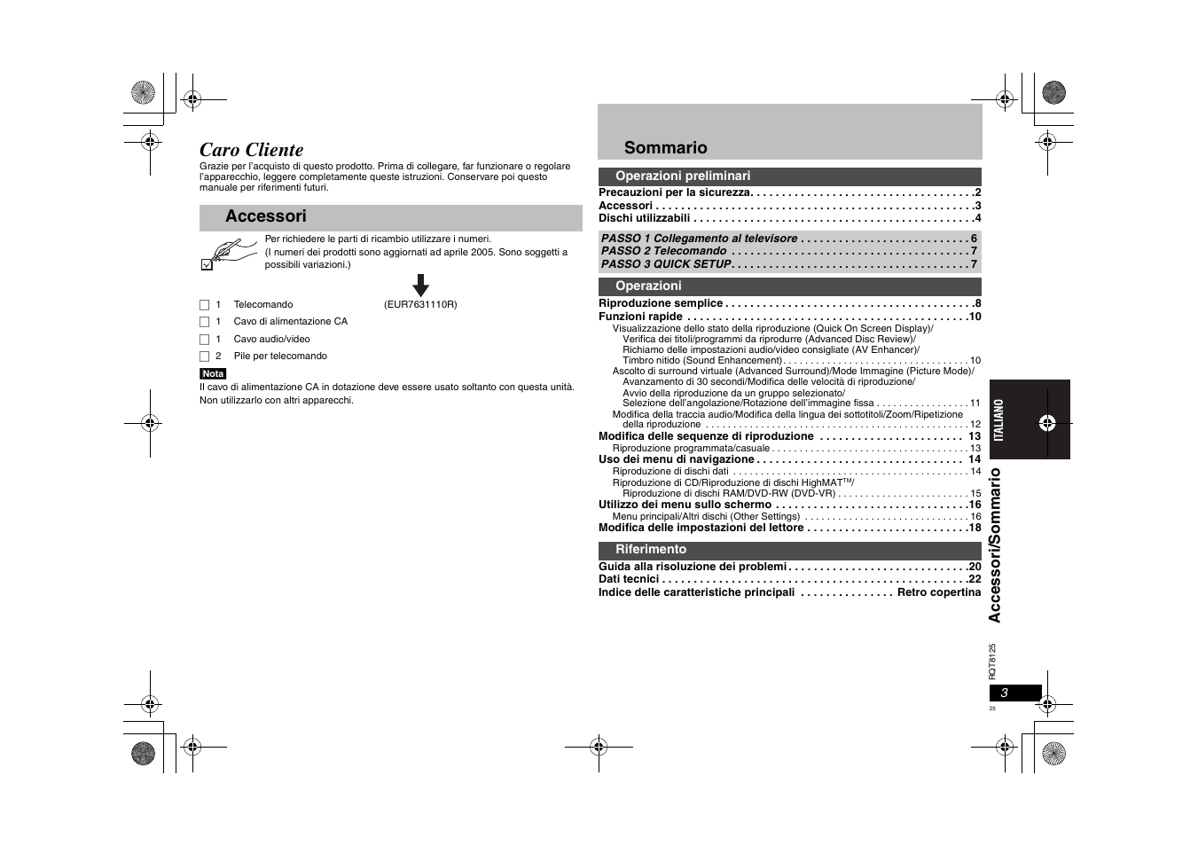 Caro cliente, Accessori sommario, Accessor i/ som m ar io | Panasonic DVDS295 User Manual | Page 25 / 68