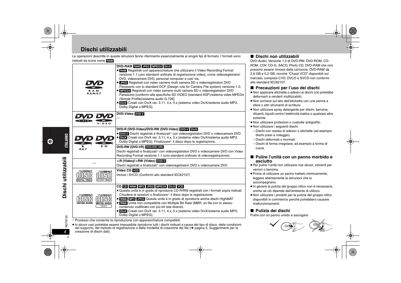 Dischi utilizzabili, Disch i u til iz z a bi li | Panasonic DVDS295 User Manual | Page 26 / 68