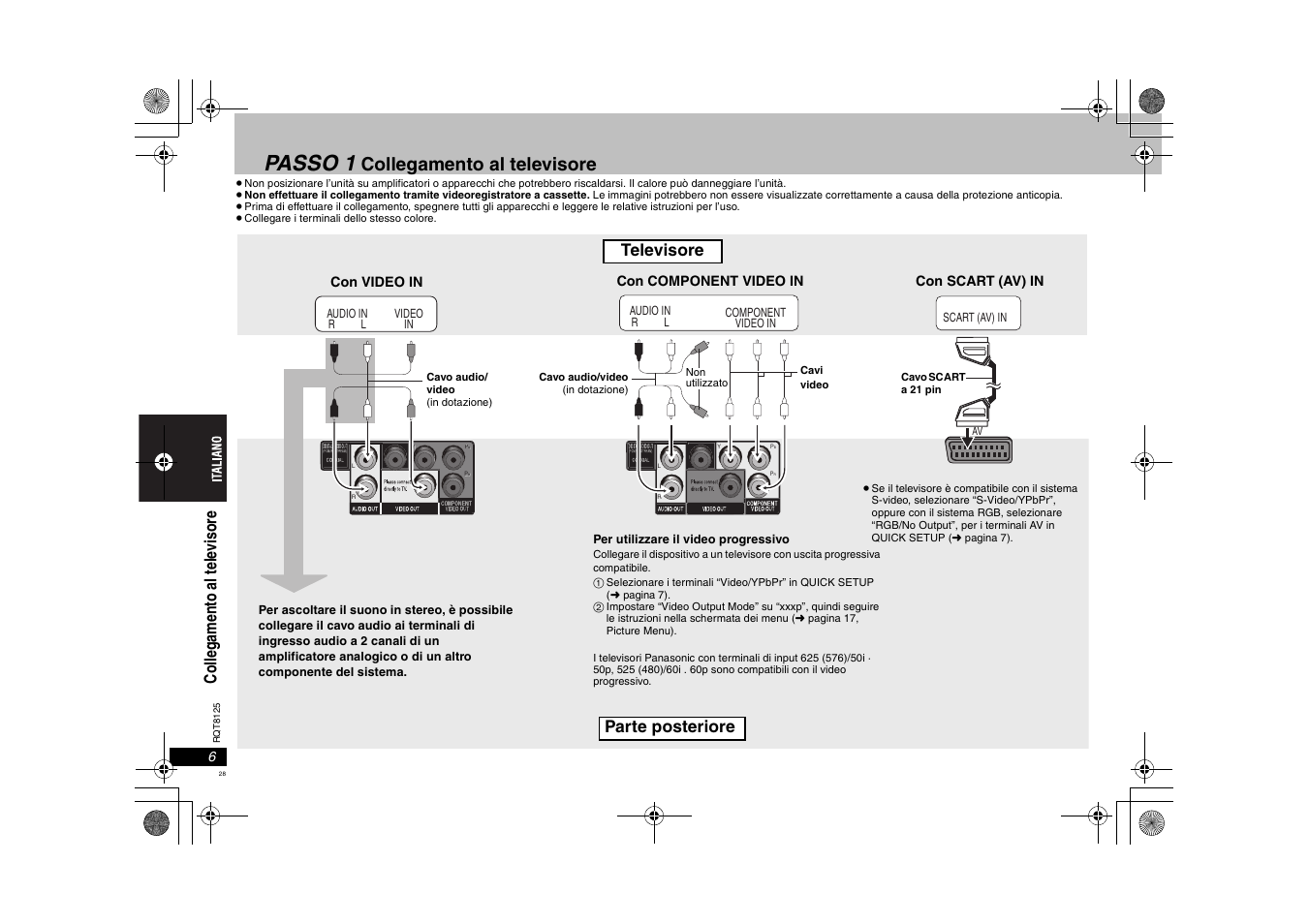 Passo 1, Collegamento al televisore, Televisore | Panasonic DVDS295 User Manual | Page 28 / 68