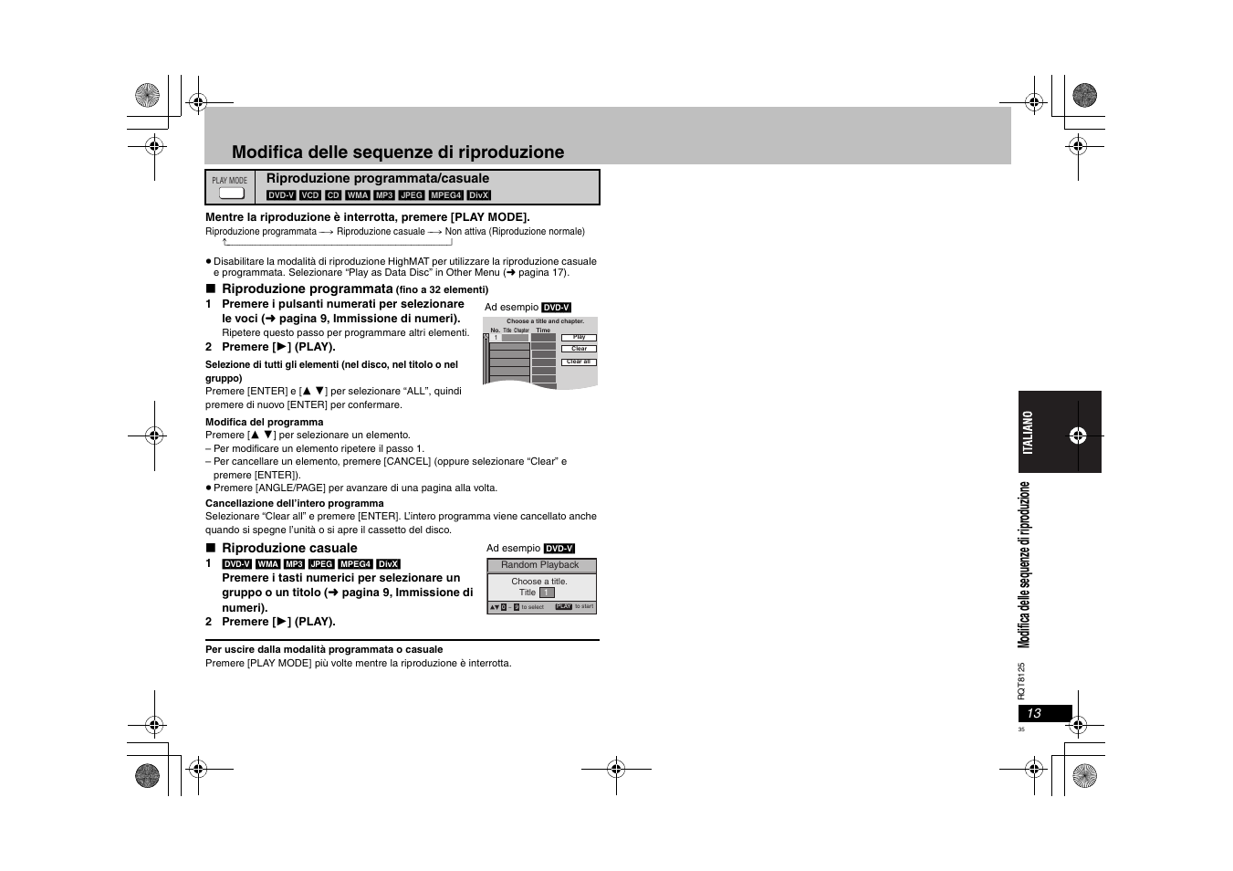 Modifica delle sequenze di riproduzione, Modi fica del le seq uenze di ri pr odu zio ne | Panasonic DVDS295 User Manual | Page 35 / 68