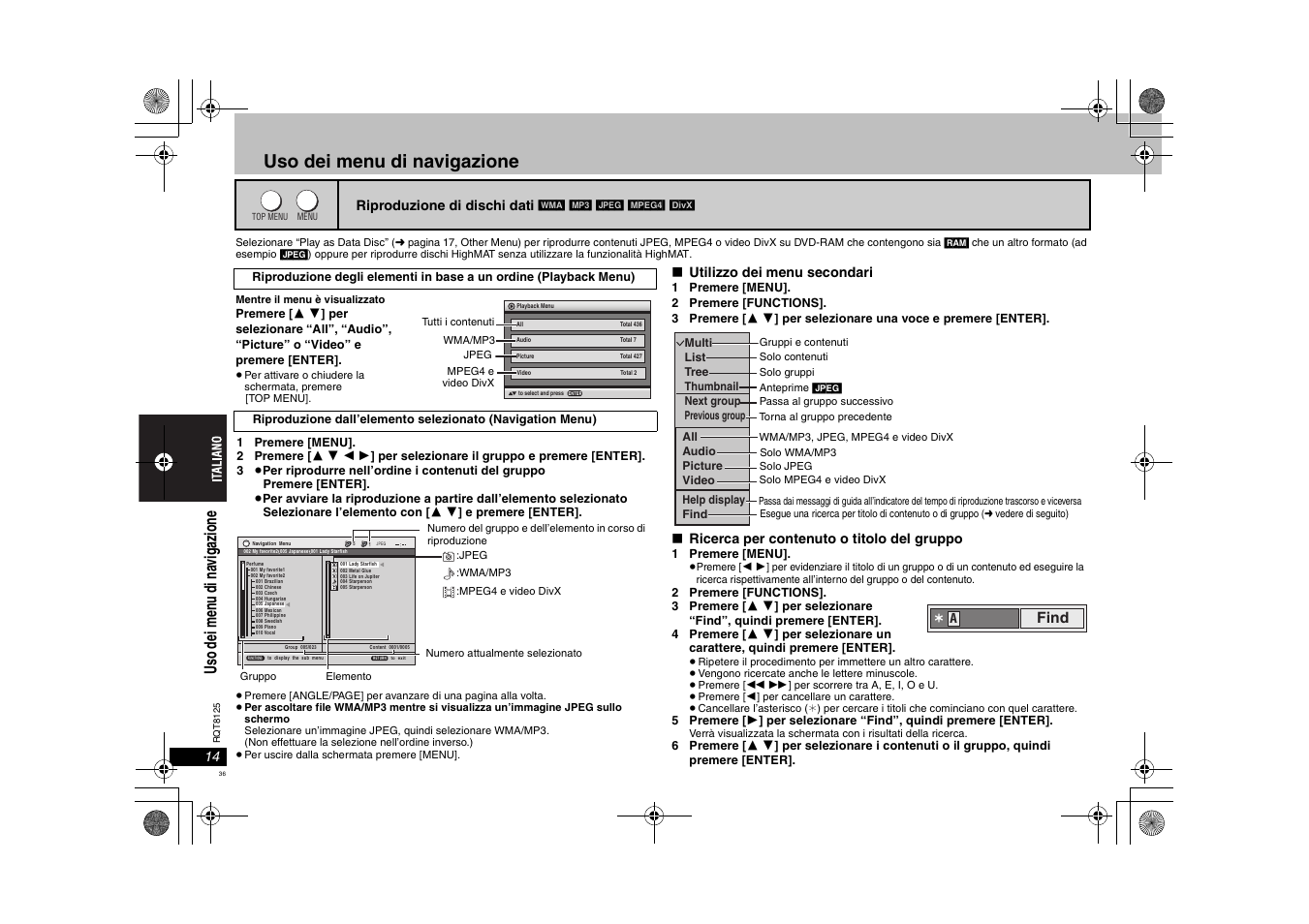 Uso dei menu di navigazione, Uso de i me nu di na vi ga zi one, Find | Panasonic DVDS295 User Manual | Page 36 / 68