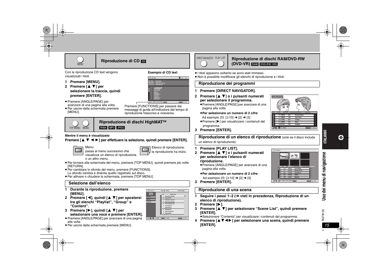 Uso de i me nu di na vi ga zi one, Riproduzione di cd, Riproduzione di dischi highmat | Selezione dall’elenco, Riproduzione di dischi ram/dvd-rw (dvd-vr), Riproduzione di una scena | Panasonic DVDS295 User Manual | Page 37 / 68