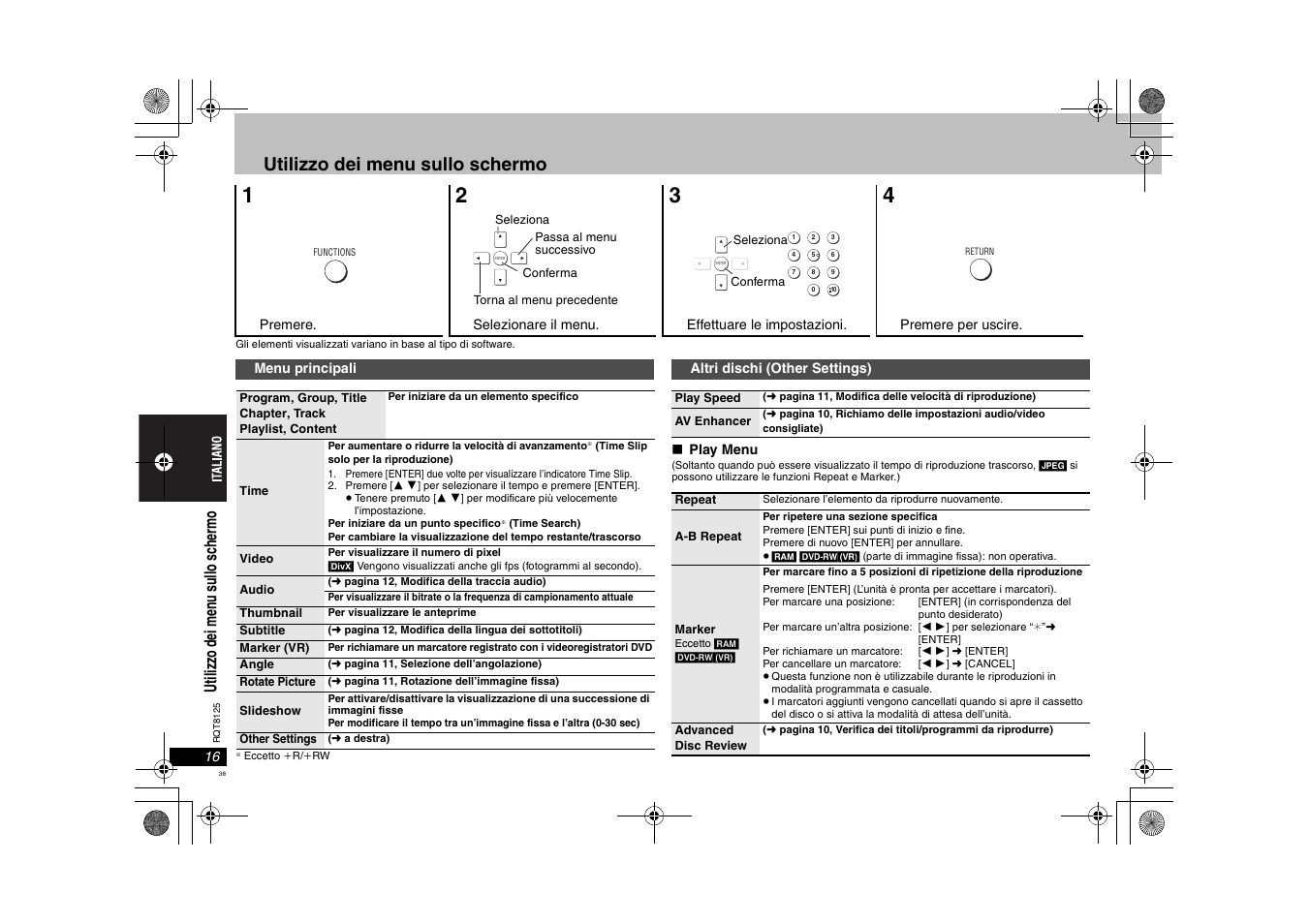 Utilizzo dei menu sullo schermo, Utiliz zo d ei m en u s ullo s ch erm o | Panasonic DVDS295 User Manual | Page 38 / 68