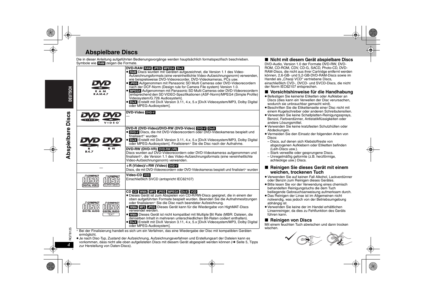 Abspielbare discs, Abspi el bare discs | Panasonic DVDS295 User Manual | Page 4 / 68