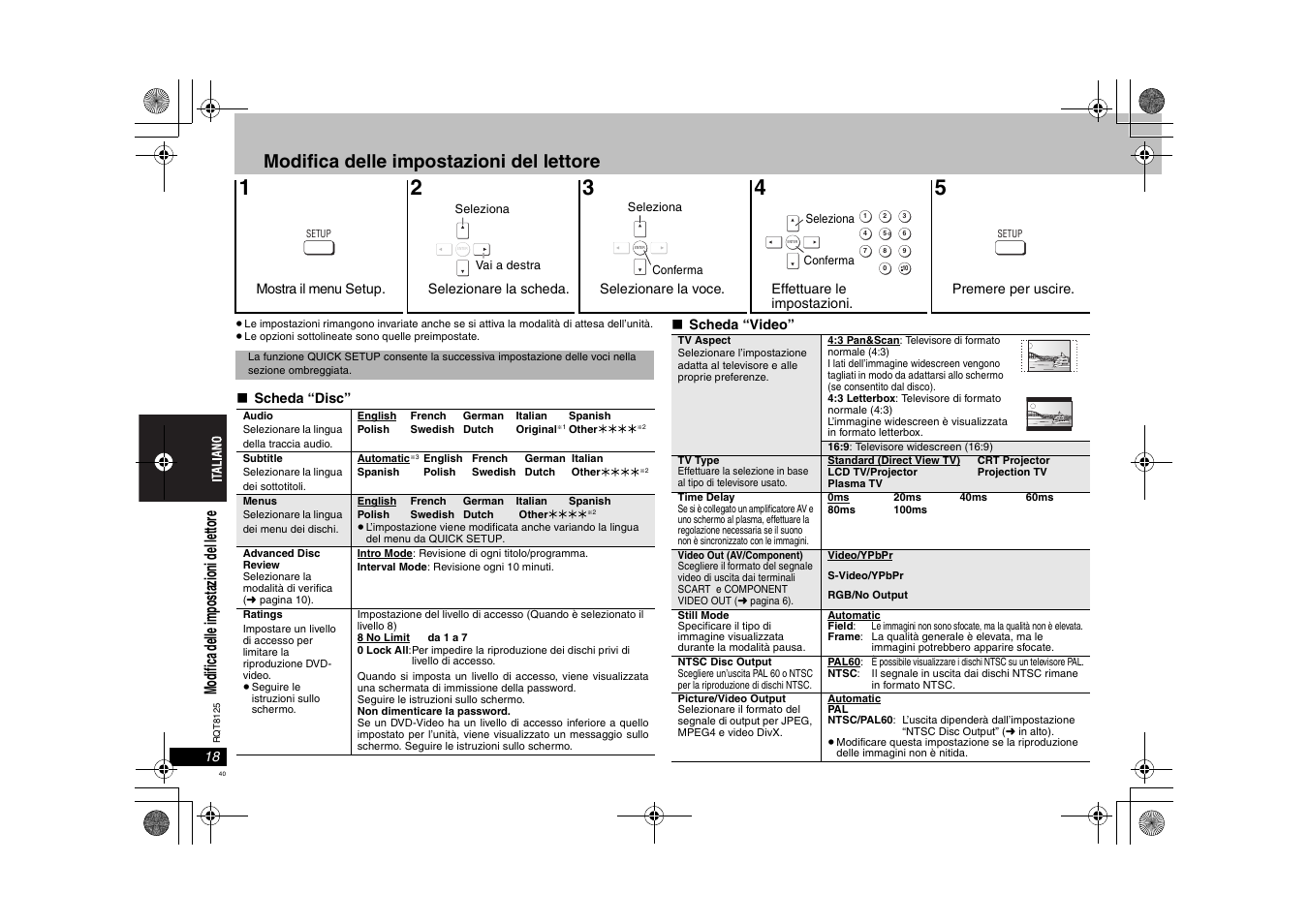 Modifica delle impostazioni del lettore, Mo di fic a d elle imp os ta zio ni d el le tto re | Panasonic DVDS295 User Manual | Page 40 / 68