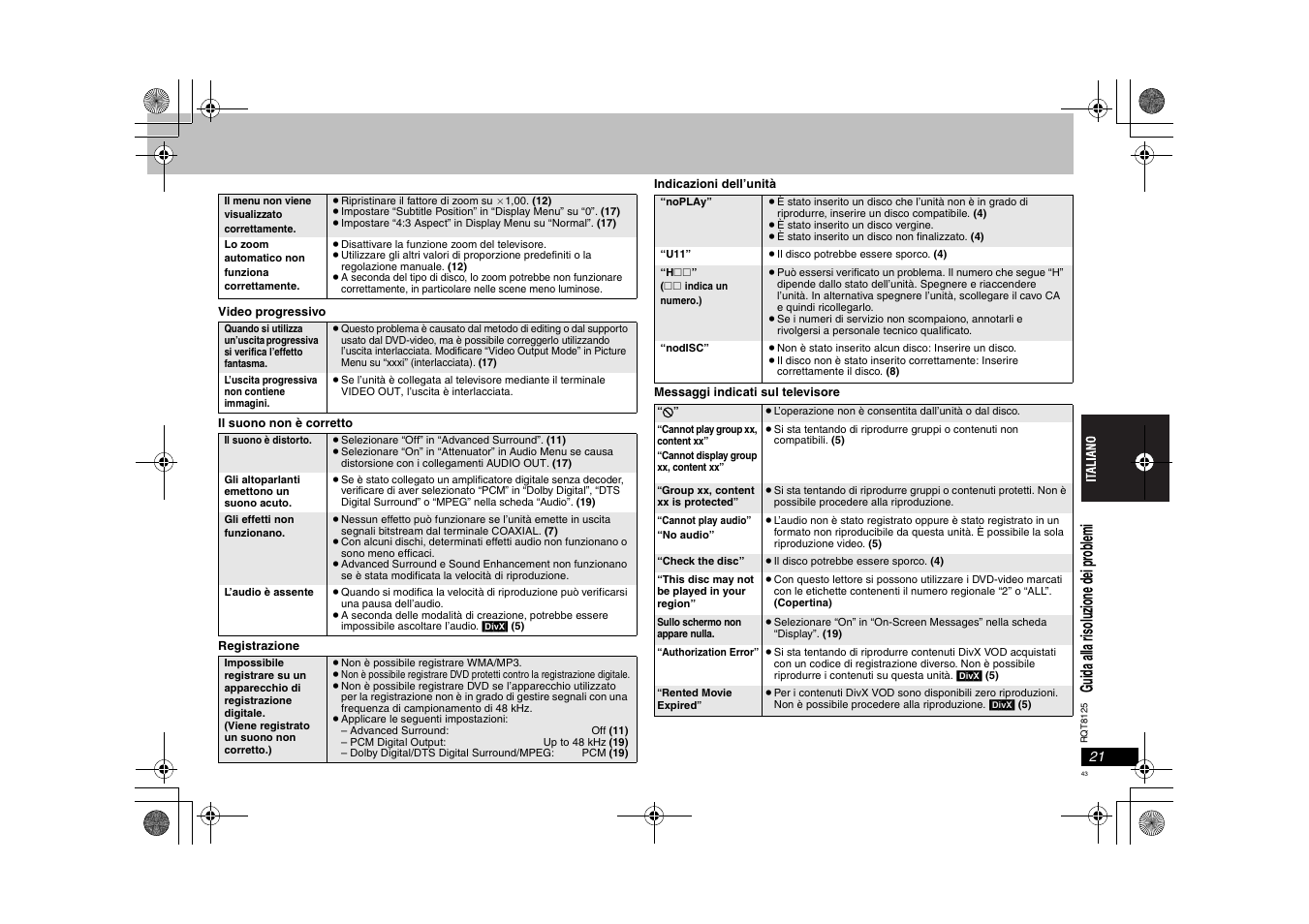 Gu id a a lla ri so lu zi on e de i p ro bl em i | Panasonic DVDS295 User Manual | Page 43 / 68