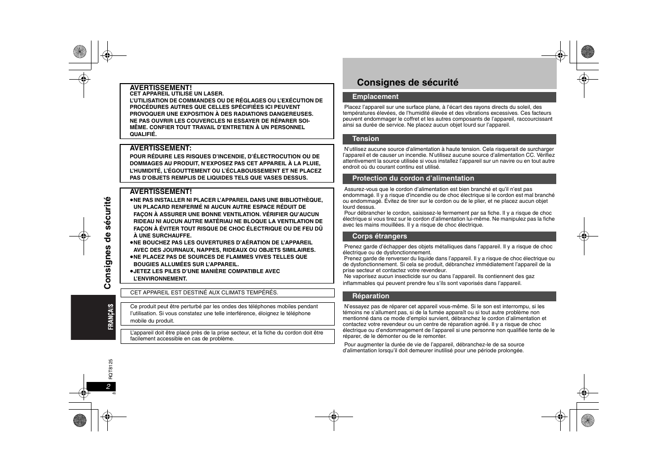 Consignes de sécurité, Consi gnes de s écuri té | Panasonic DVDS295 User Manual | Page 46 / 68