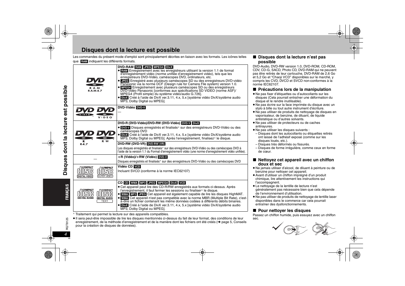 Disques dont la lecture est possible | Panasonic DVDS295 User Manual | Page 48 / 68