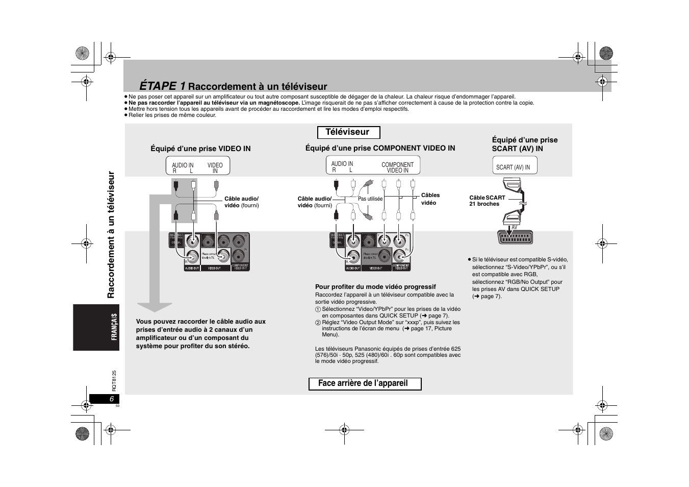 Étape 1, Raccordement à un téléviseur, Téléviseur | Panasonic DVDS295 User Manual | Page 50 / 68