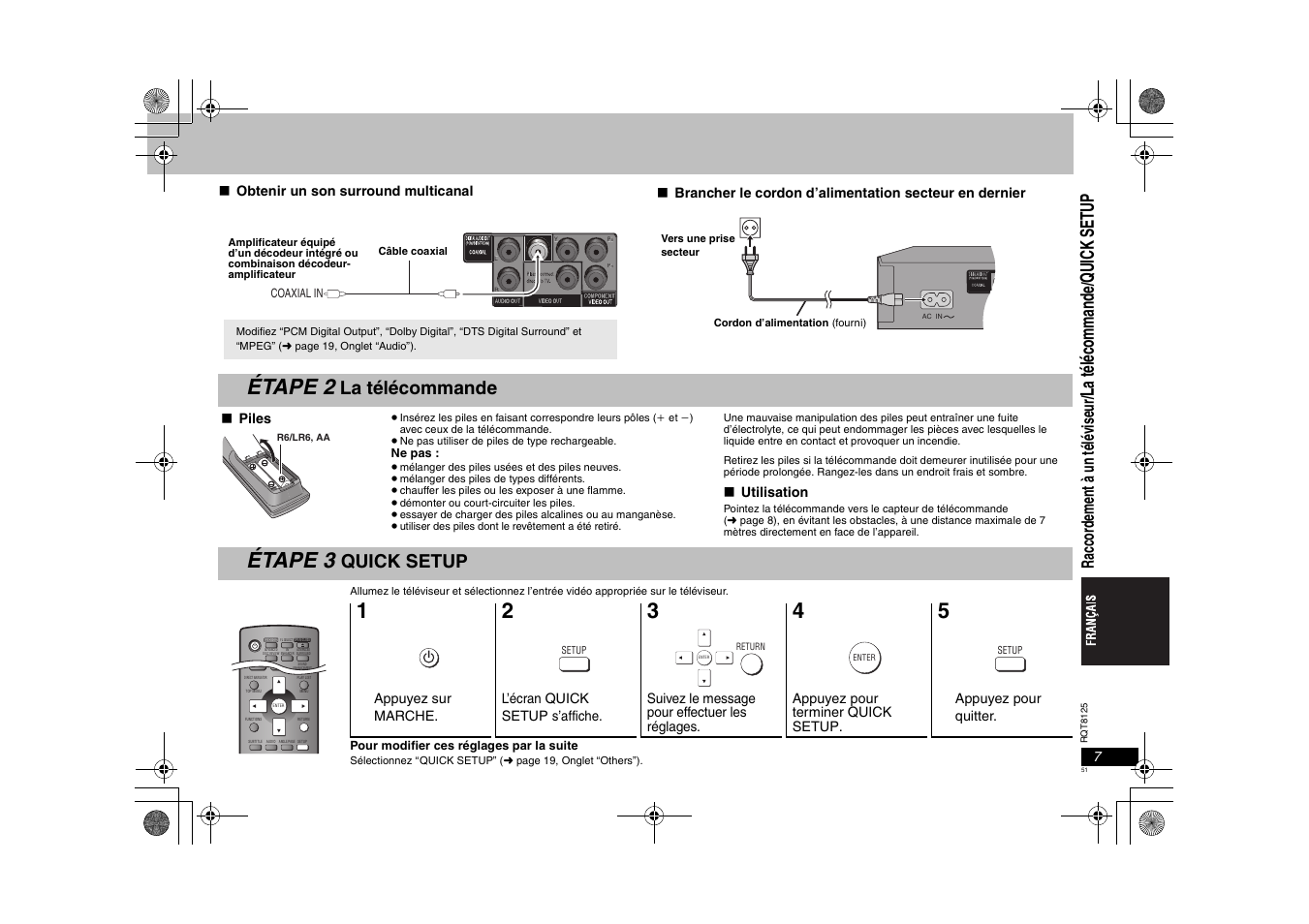Étape 2, Étape 3, La télécommande | Quick setup, La tél écom m ande, Quick s e tu p, Rac cor de m ent à un té lé vi se ur | Panasonic DVDS295 User Manual | Page 51 / 68