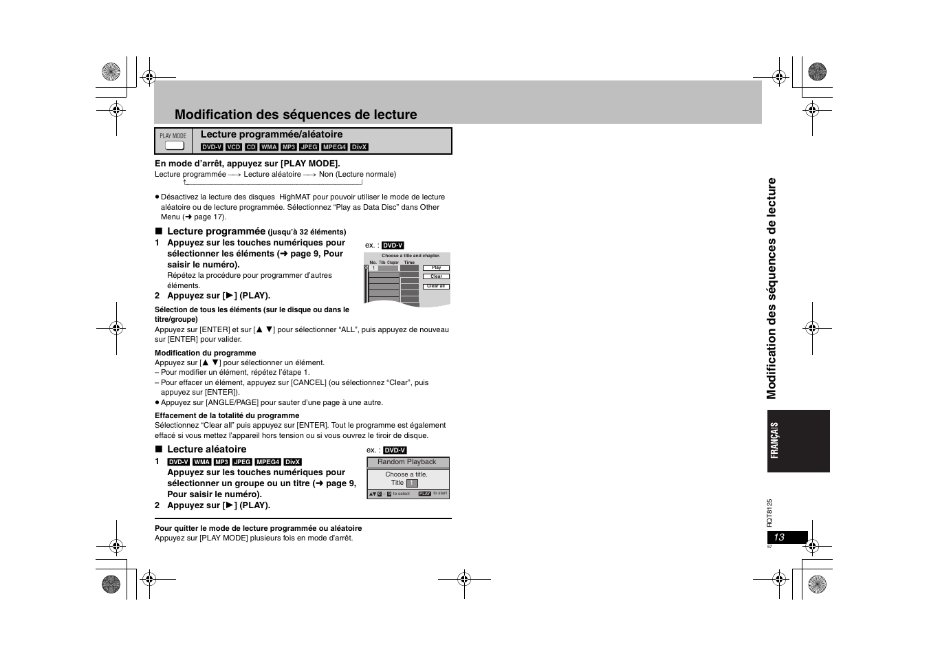 Modification des séquences de lecture, Modi fi cati on des s équences de lect ure | Panasonic DVDS295 User Manual | Page 57 / 68