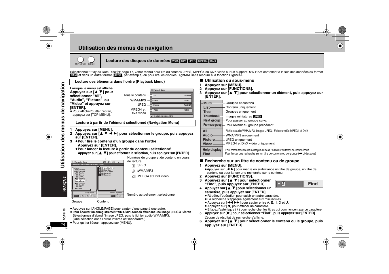 Utilisation des menus de navigation, Ut il isa ti on des men us de na vigat io n, Find | Panasonic DVDS295 User Manual | Page 58 / 68