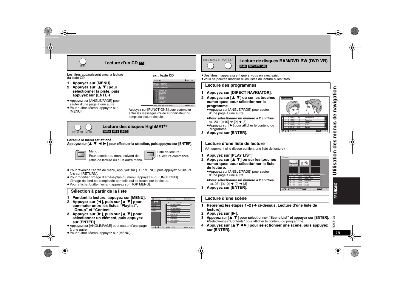 Ut il isa ti on des men us d e na vigat io n, Lecture d’un cd, Lecture des disques highmat | Sélection à partir de la liste, Lecture de disques ram/dvd-rw (dvd-vr), Lecture d’une scène | Panasonic DVDS295 User Manual | Page 59 / 68