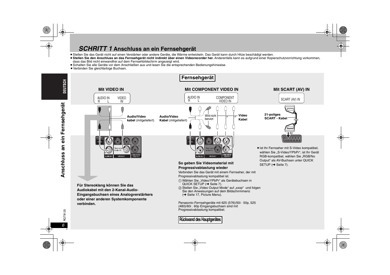 Schritt 1, Anschluss an ein fernsehgerät, Fernsehgerät | Panasonic DVDS295 User Manual | Page 6 / 68