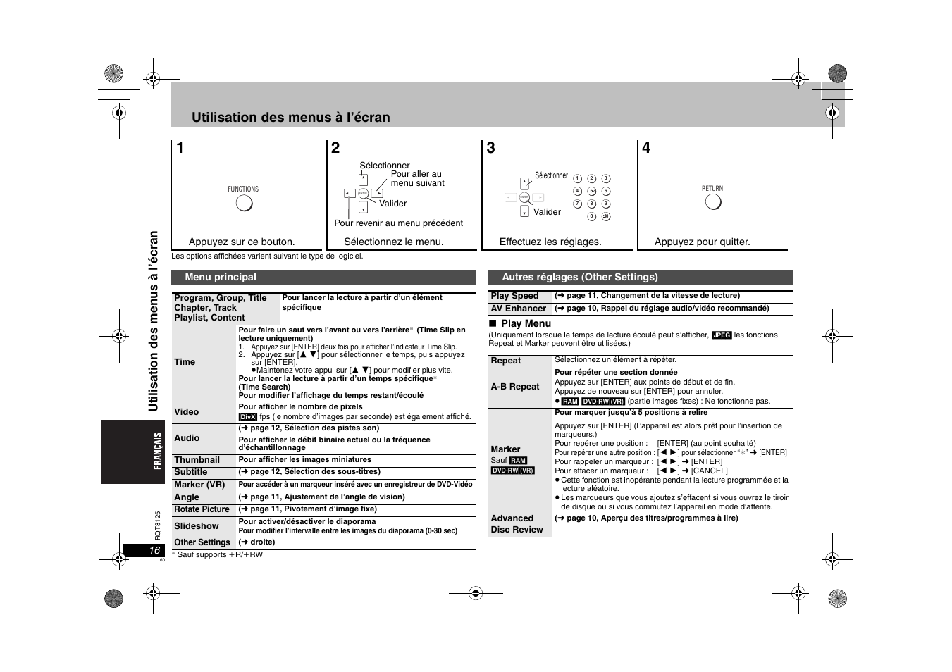 Utilisation des menus à l’écran, Ut il isa ti on des men us à l’ écr an | Panasonic DVDS295 User Manual | Page 60 / 68