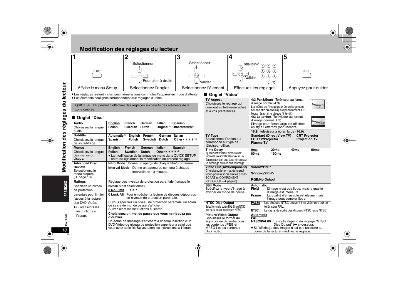 Modification des réglages du lecteur, Modi fi cati on des r égl a g es du l ecteur | Panasonic DVDS295 User Manual | Page 62 / 68