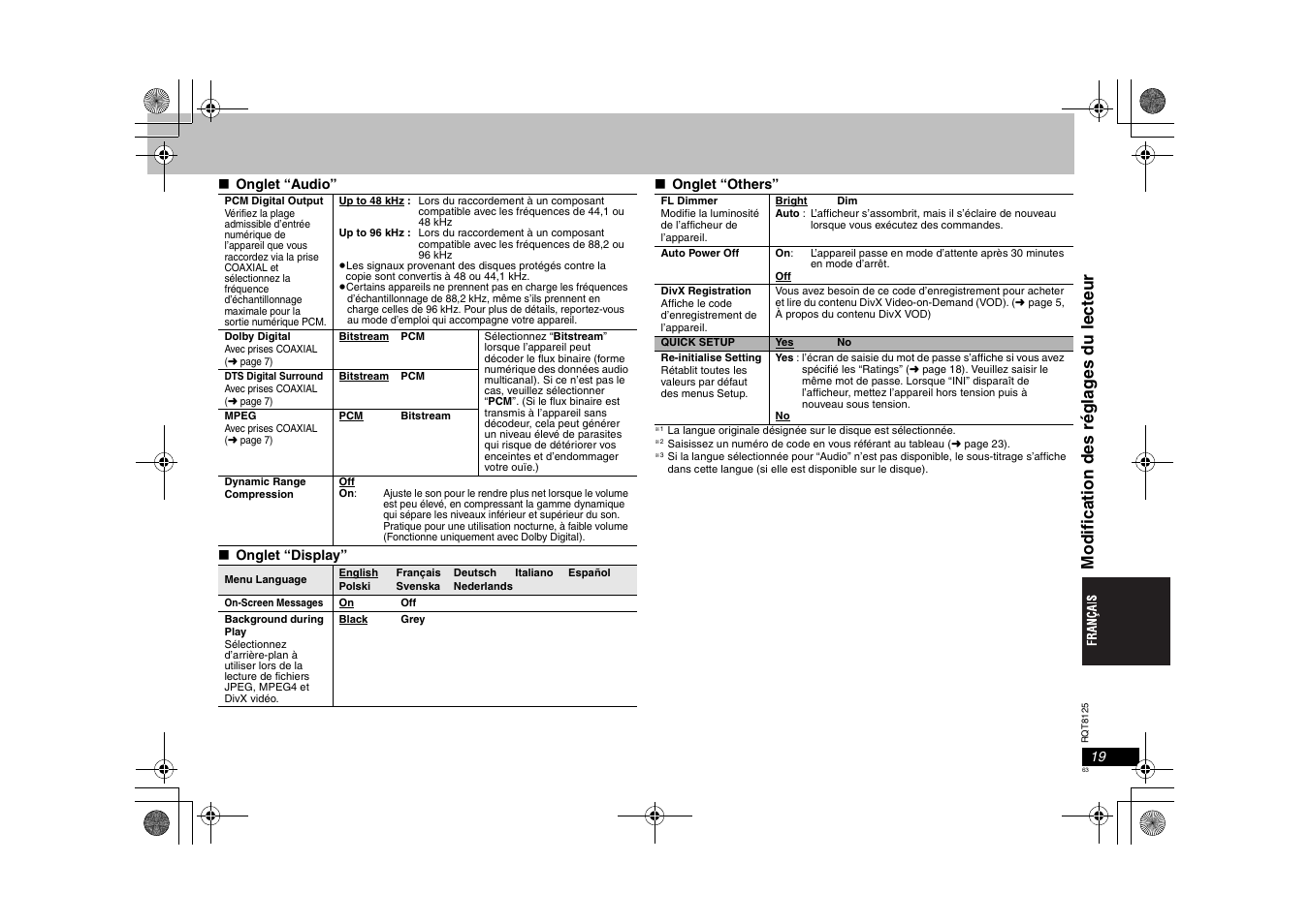 Modi fi cat ion des régl a g es du lecte u r | Panasonic DVDS295 User Manual | Page 63 / 68