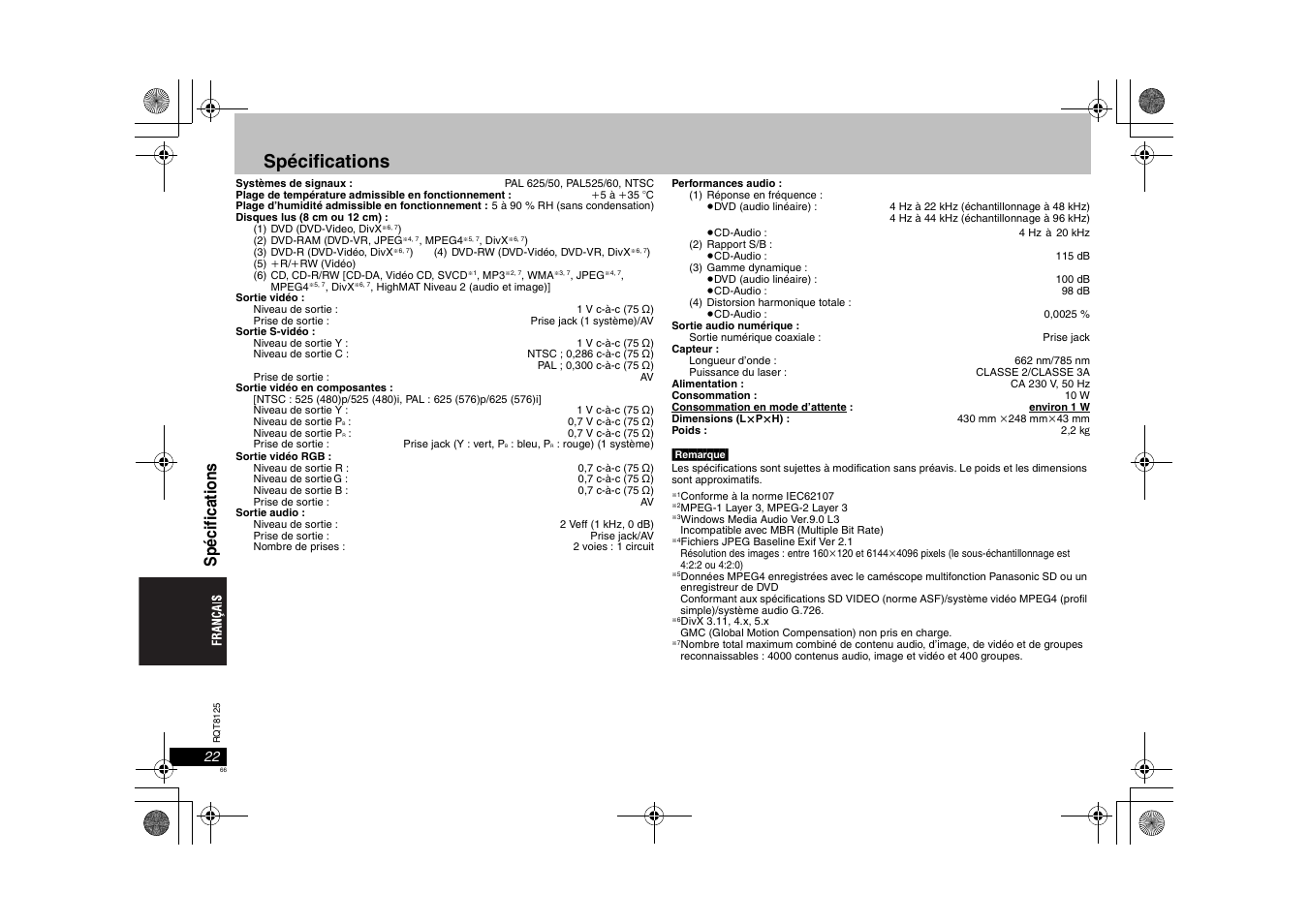 Spécifications, Sp éc if ic at ion s | Panasonic DVDS295 User Manual | Page 66 / 68