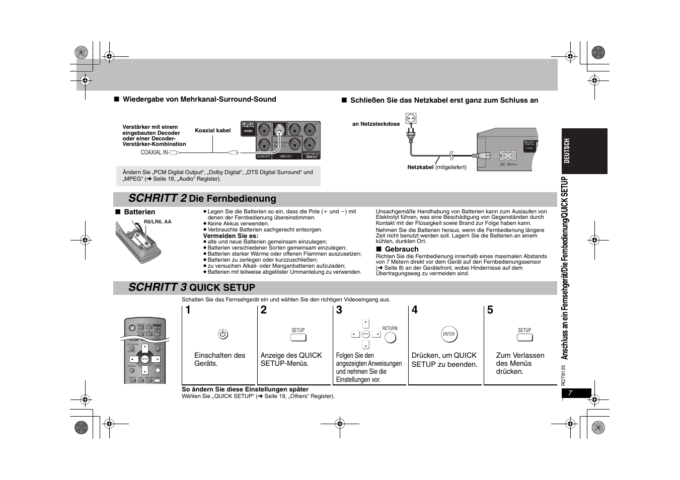 Schritt 2, Schritt 3, Die fernbedienung | Quick setup | Panasonic DVDS295 User Manual | Page 7 / 68