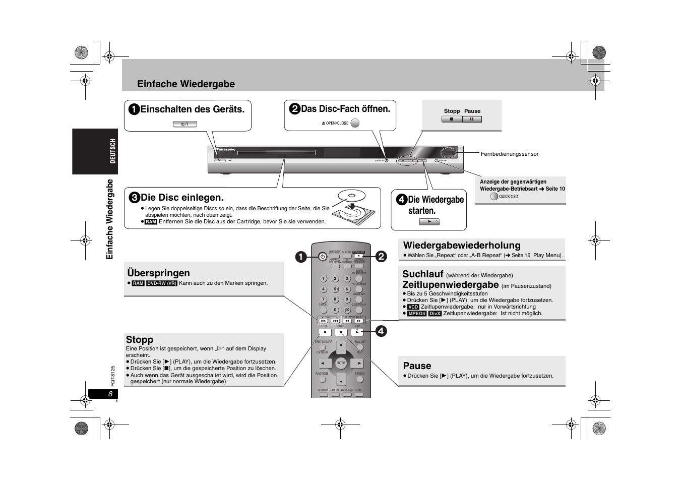 Einfache wiedergabe, Einschalten des geräts, Das disc-fach öffnen | Die disc einlegen, Die wiedergabe starten, Überspringen, Stopp, Suchlauf, Zeitlupenwiedergabe, Pause | Panasonic DVDS295 User Manual | Page 8 / 68